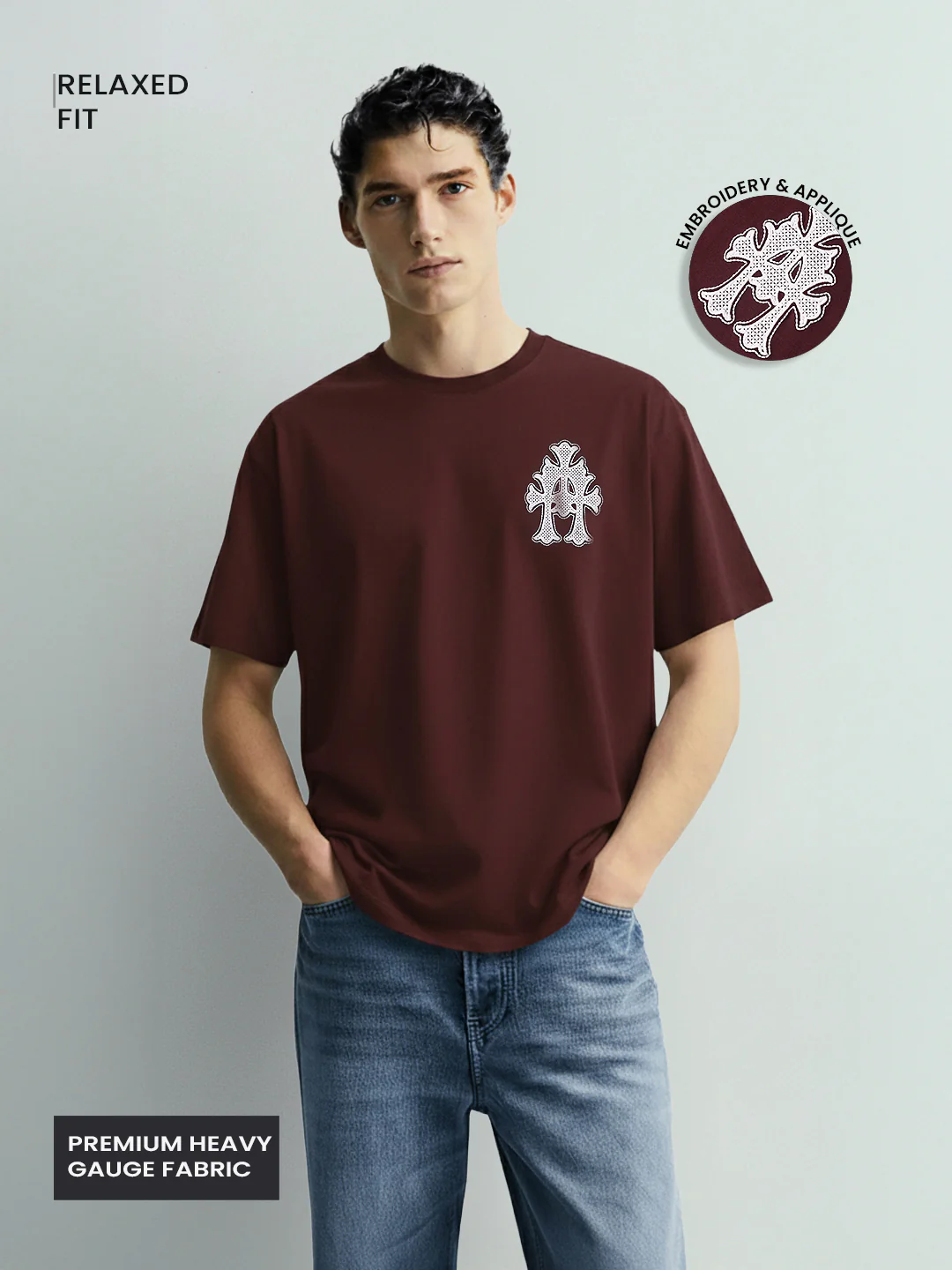 Men's Maroon Relaxed Fit Embroided 240 GSM Casual T-Shirt - Image 2