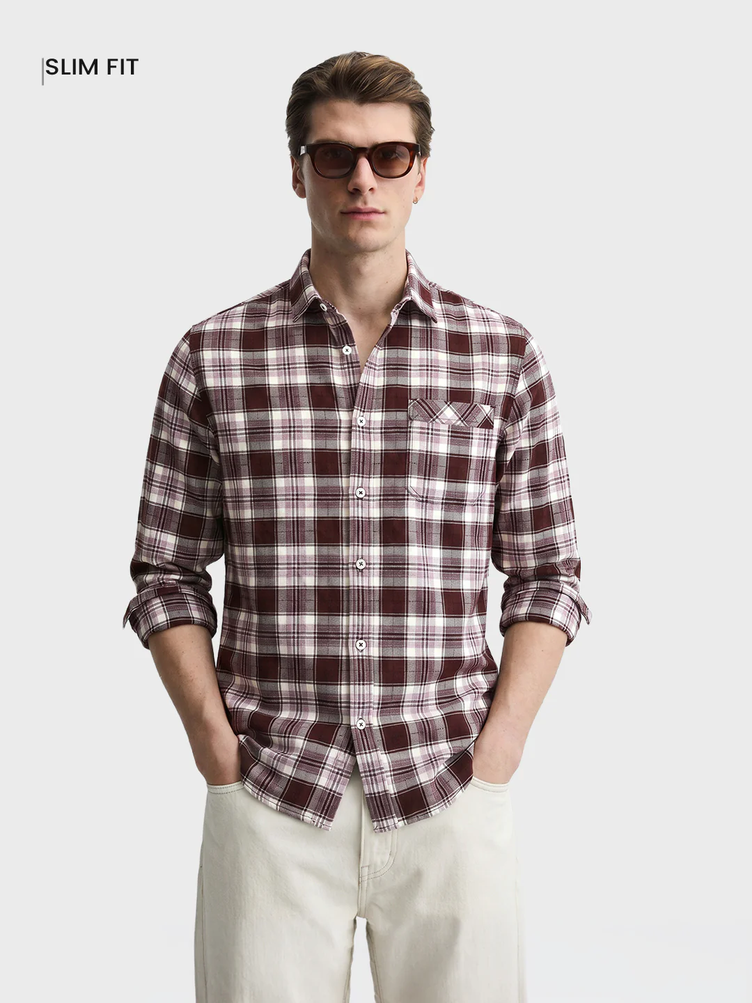 Men's Maroon Slim Fit Checkered Casual Shirt - Image 2