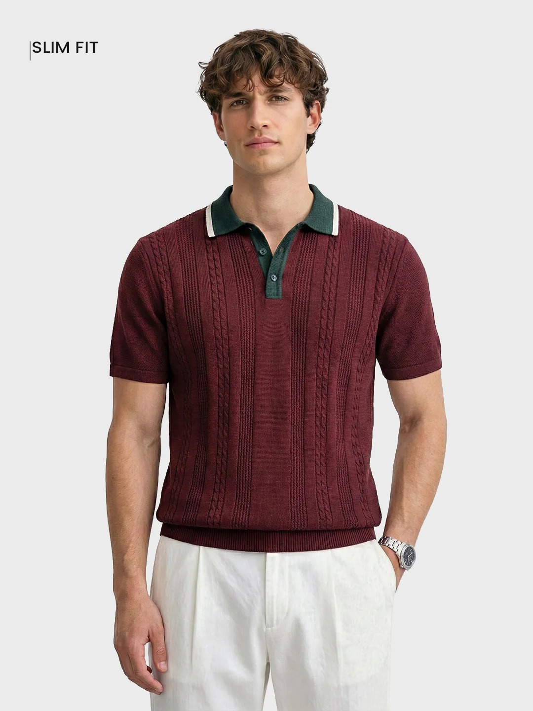 Men's Maroon Slim Fit Textured Flat Knit Polo T-Shirt - Image 2