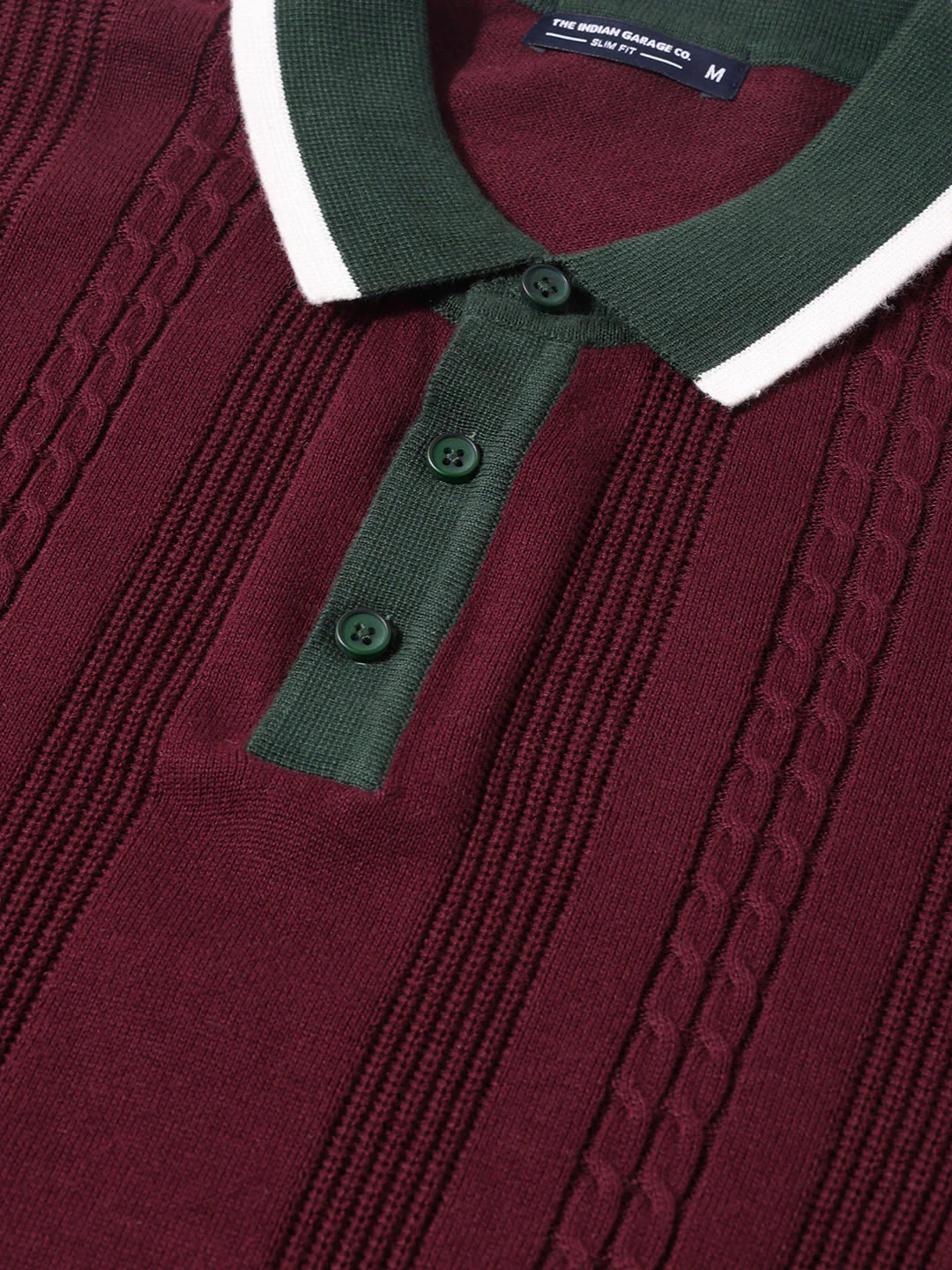 Men's Maroon Slim Fit Textured Flat Knit Polo T-Shirt - Image 3