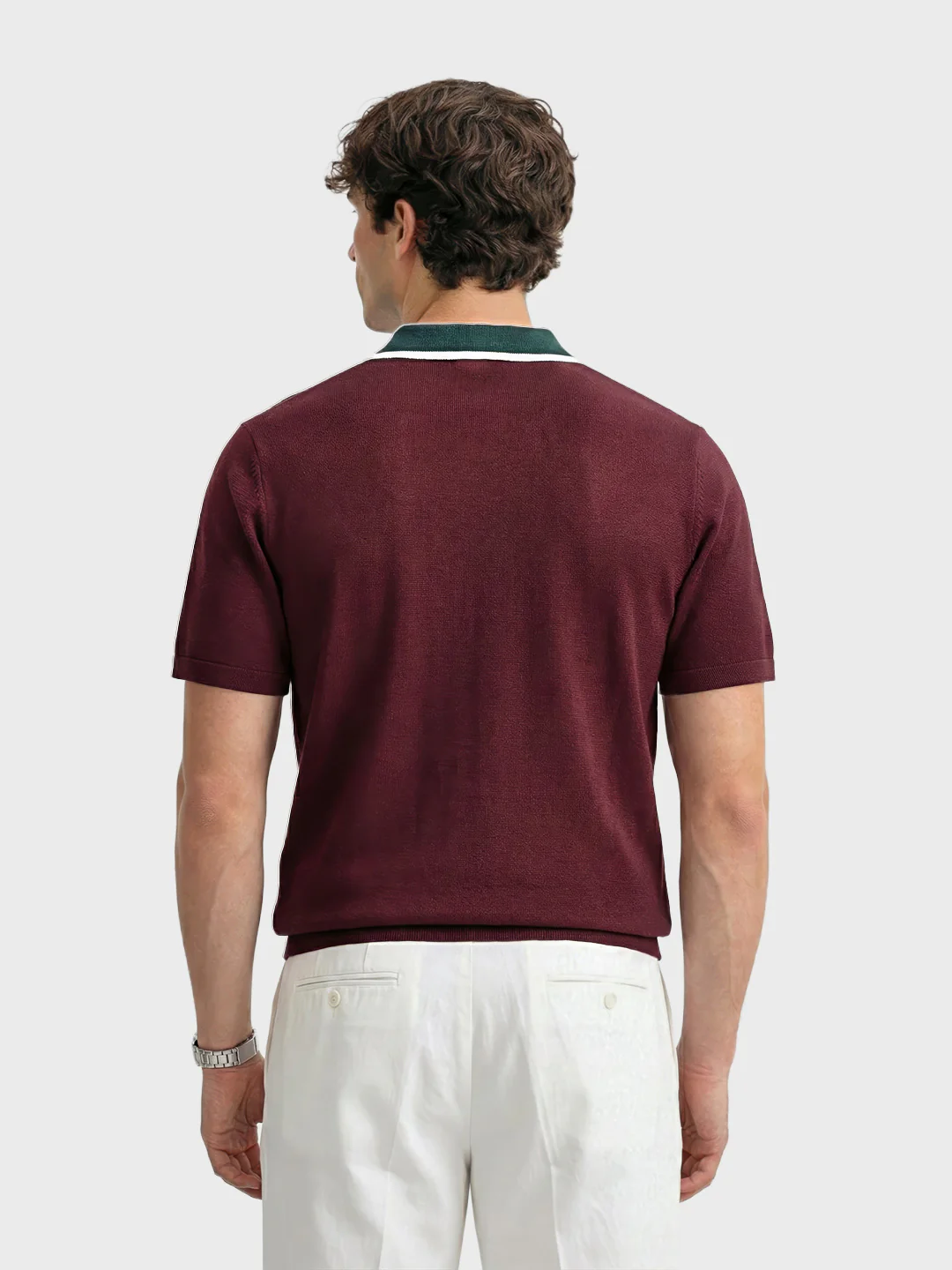 Men's Maroon Slim Fit Textured Flat Knit Polo T-Shirt - Image 4