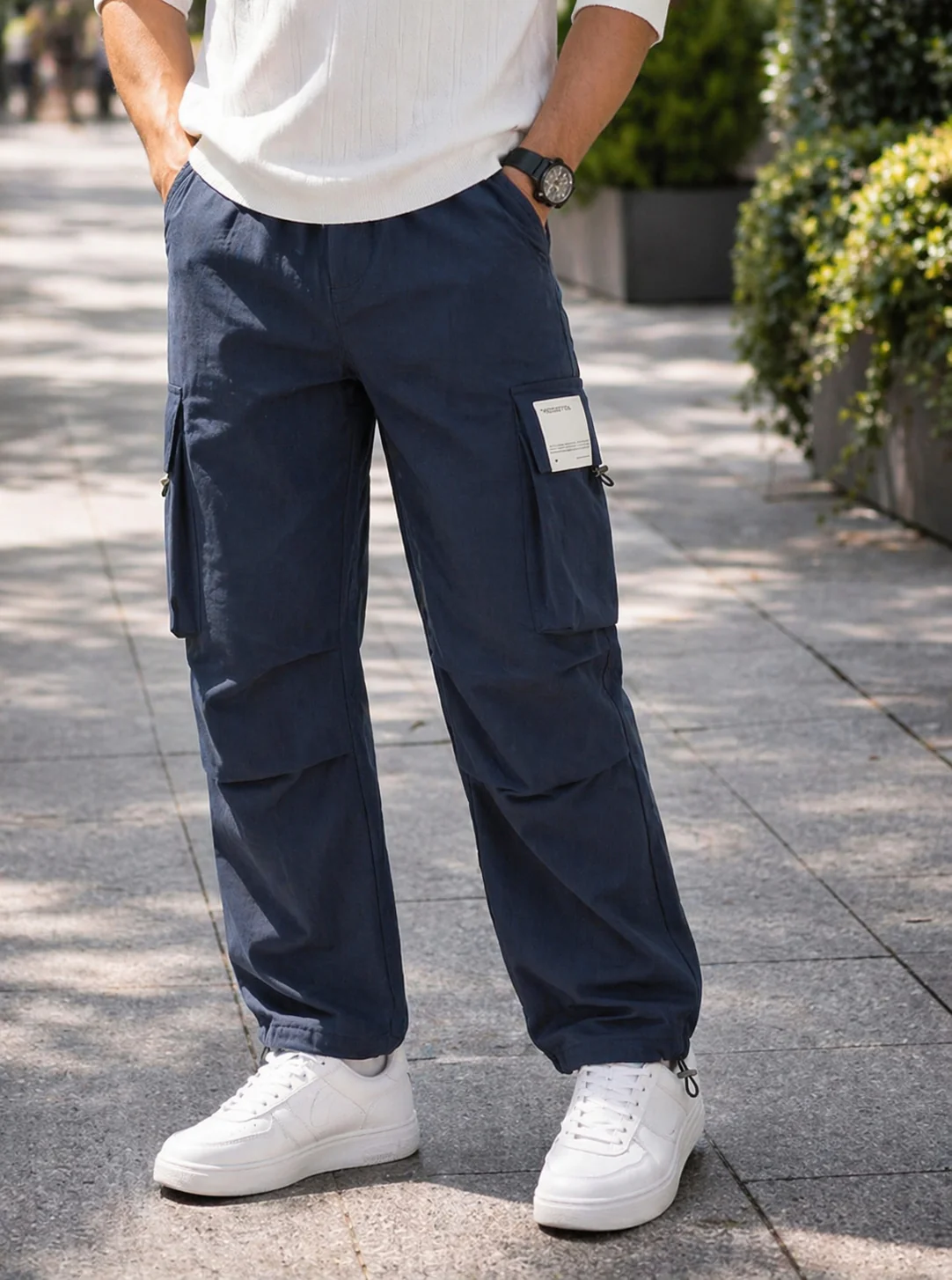 Men's Navy Blue Baggy Fit Solid Utility Cargos