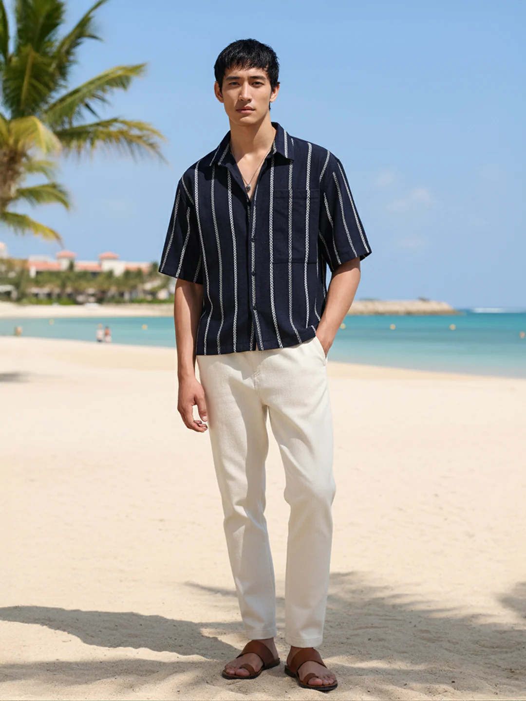 Men's Navy Blue Boxy Fit Resort Wear Textured Shirt