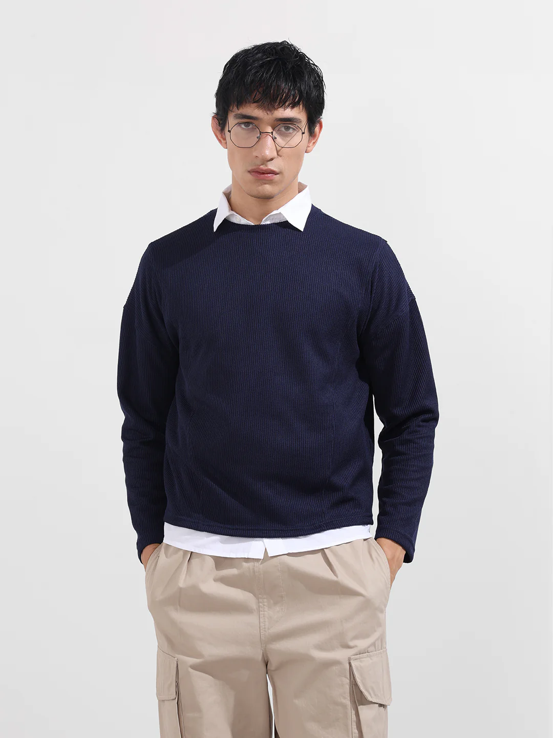 Men's Navy Blue Boxy Fit Textured Casual T-Shirt