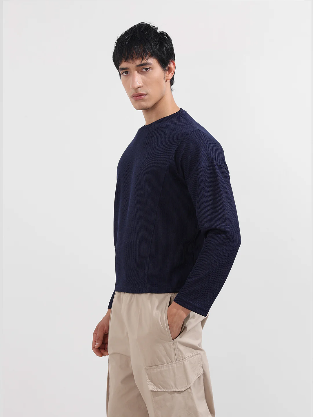 Men's Navy Blue Boxy Fit Textured Casual T-Shirt - Image 3