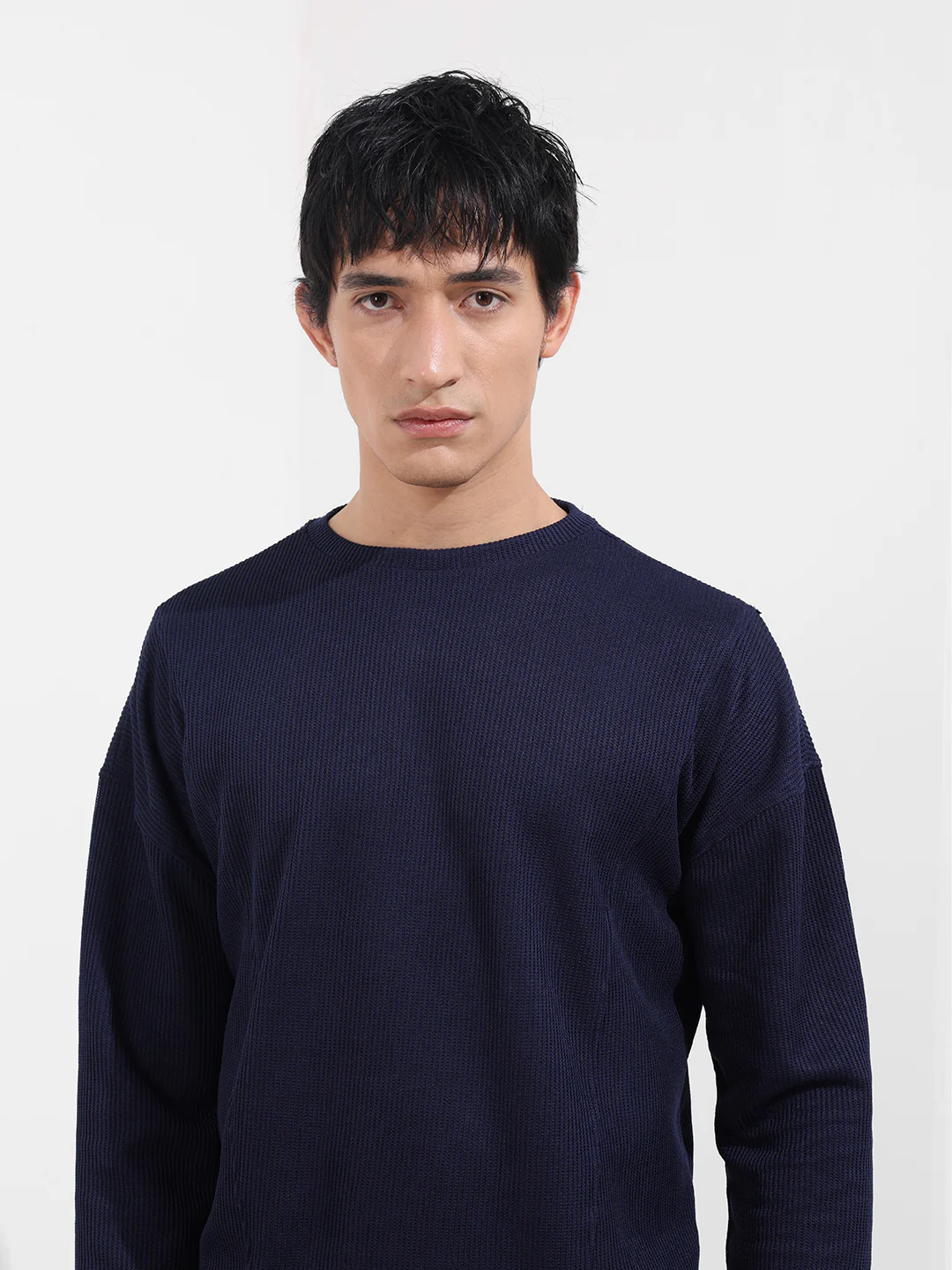 Men's Navy Blue Boxy Fit Textured Casual T-Shirt - Image 4