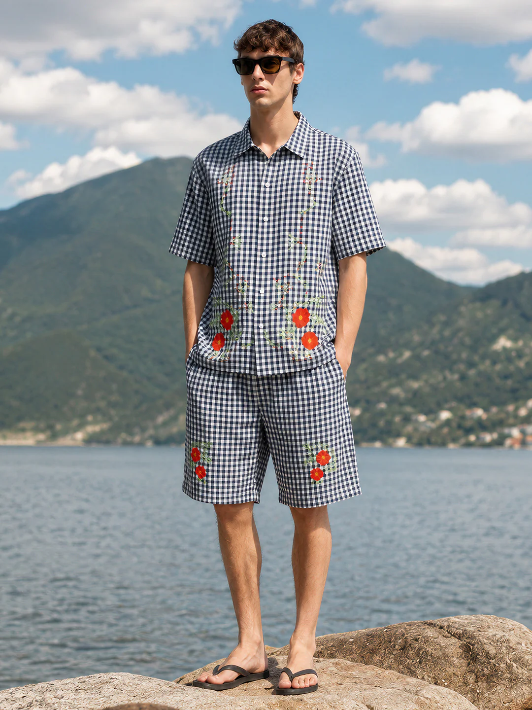 Men's Navy Blue Oversized Fit Embroidered Resort Wear Coordinates