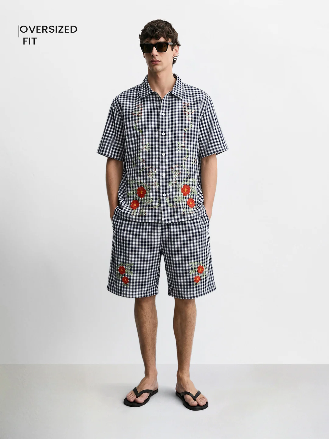 Men's Navy Blue Oversized Fit Embroidered Resort Wear Coordinates - Image 2