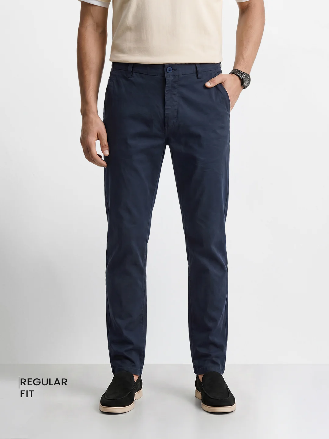 Men's Navy Blue Regular Fit Solid Casual Chinos - Image 2