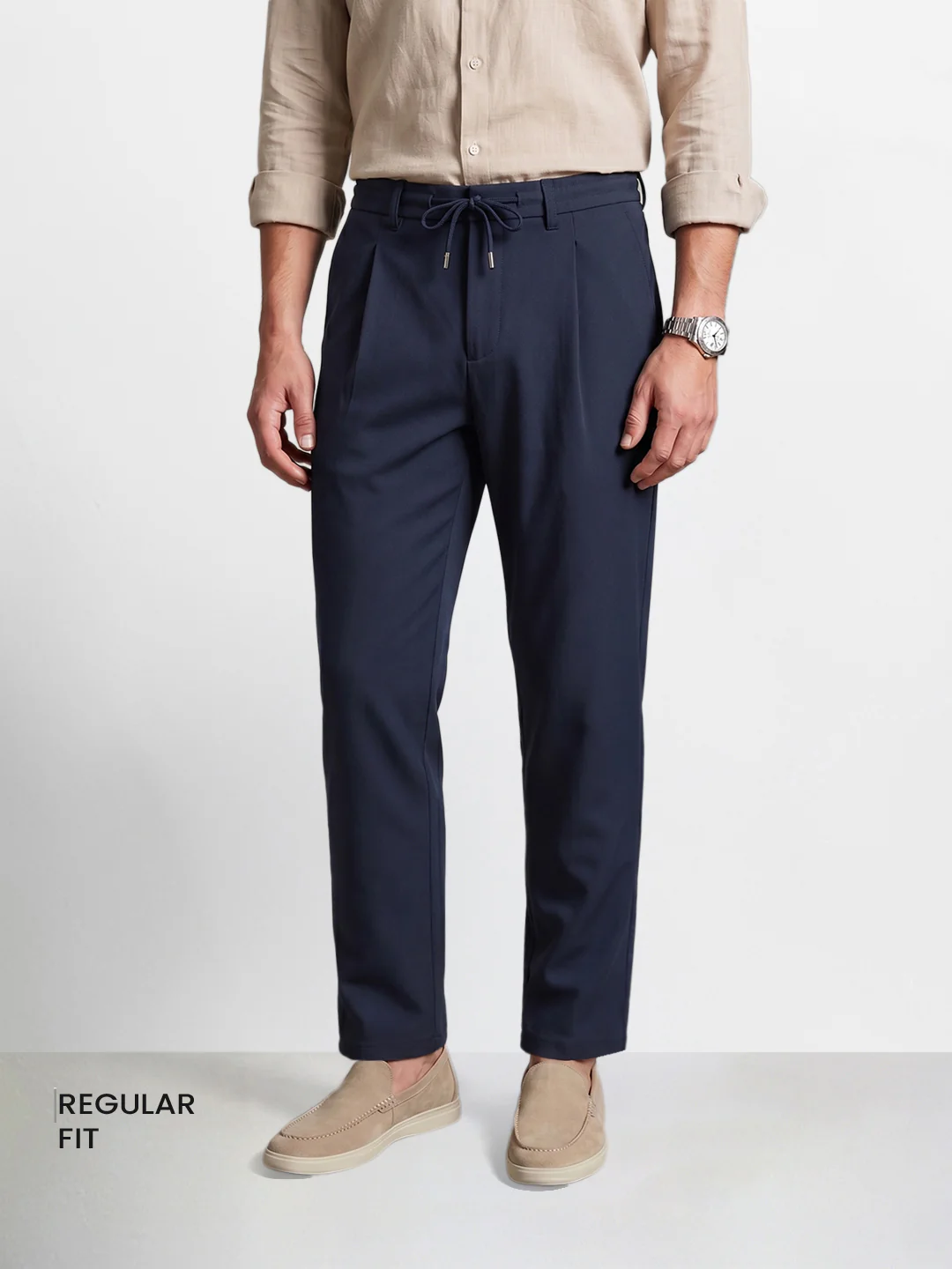 Men's Navy Blue Regular Fit Solid Casual Trousers - Image 2