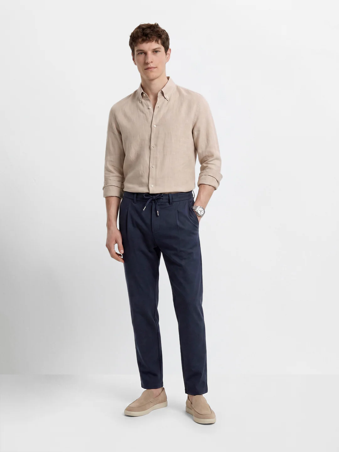 Men's Navy Blue Regular Fit Solid Casual Trousers - Image 6