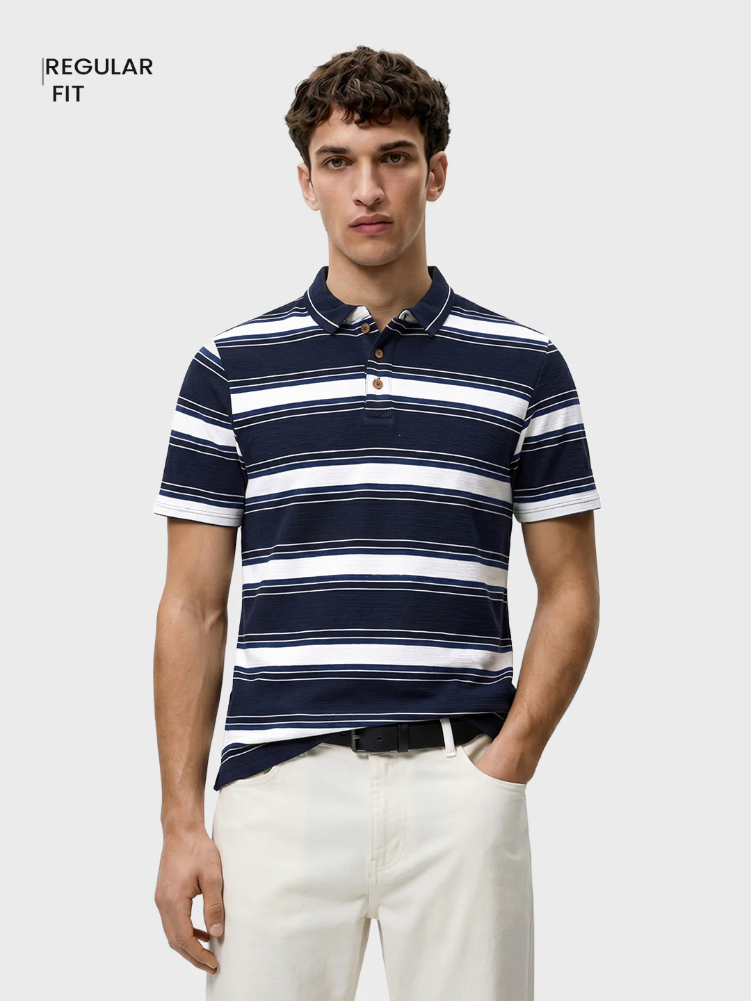 Men's Navy Blue Regular Fit Striped Casual Polo T-Shirt - Image 2