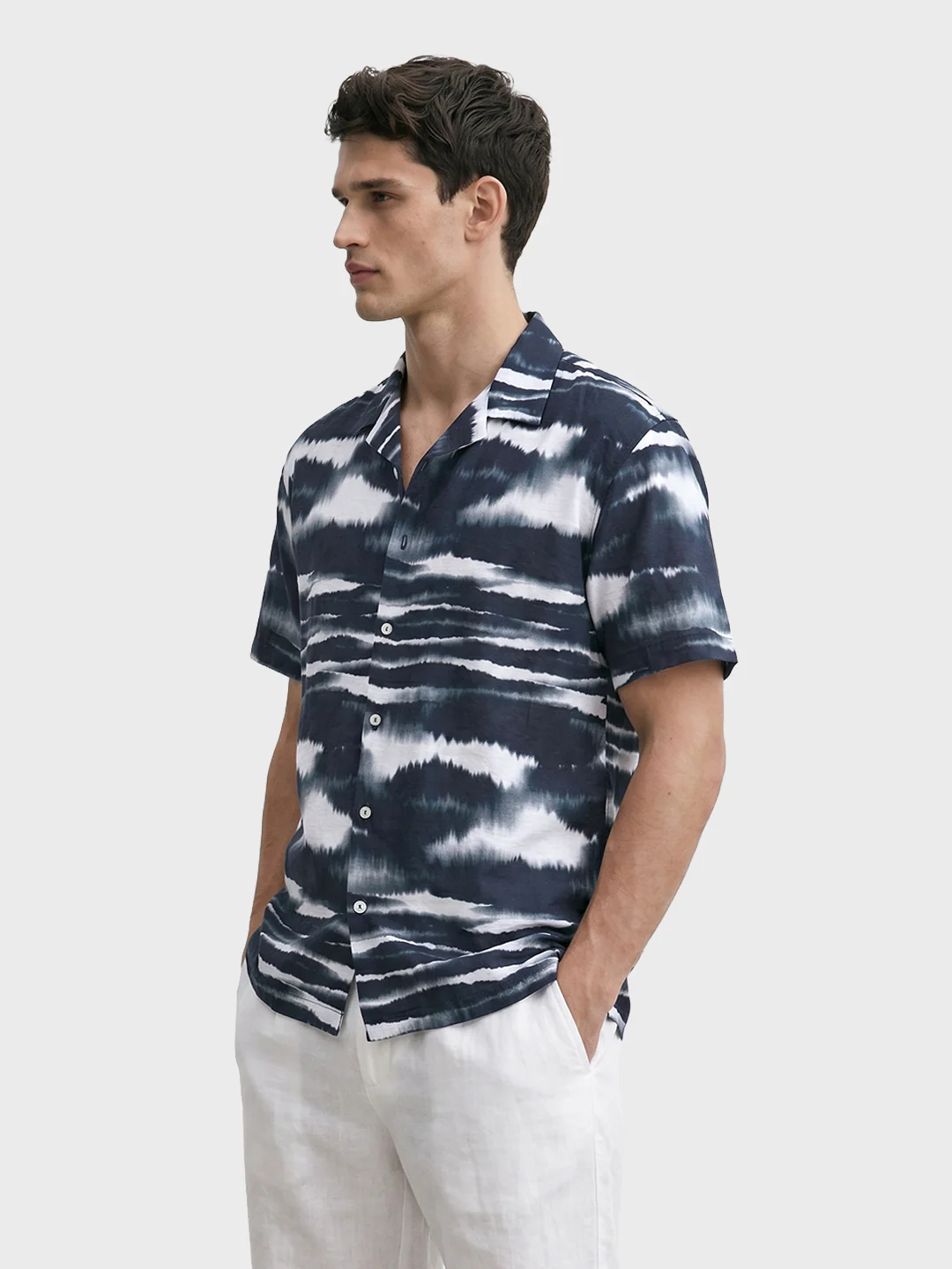 Men's Navy Blue Relaxed Fit Printed Resort Wear Shirt - Image 4