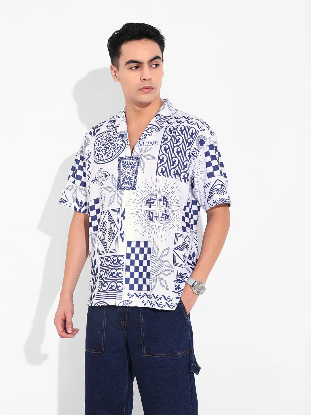 Men's Navy Blue Relaxed Fit Resort Wear Printed Shirt