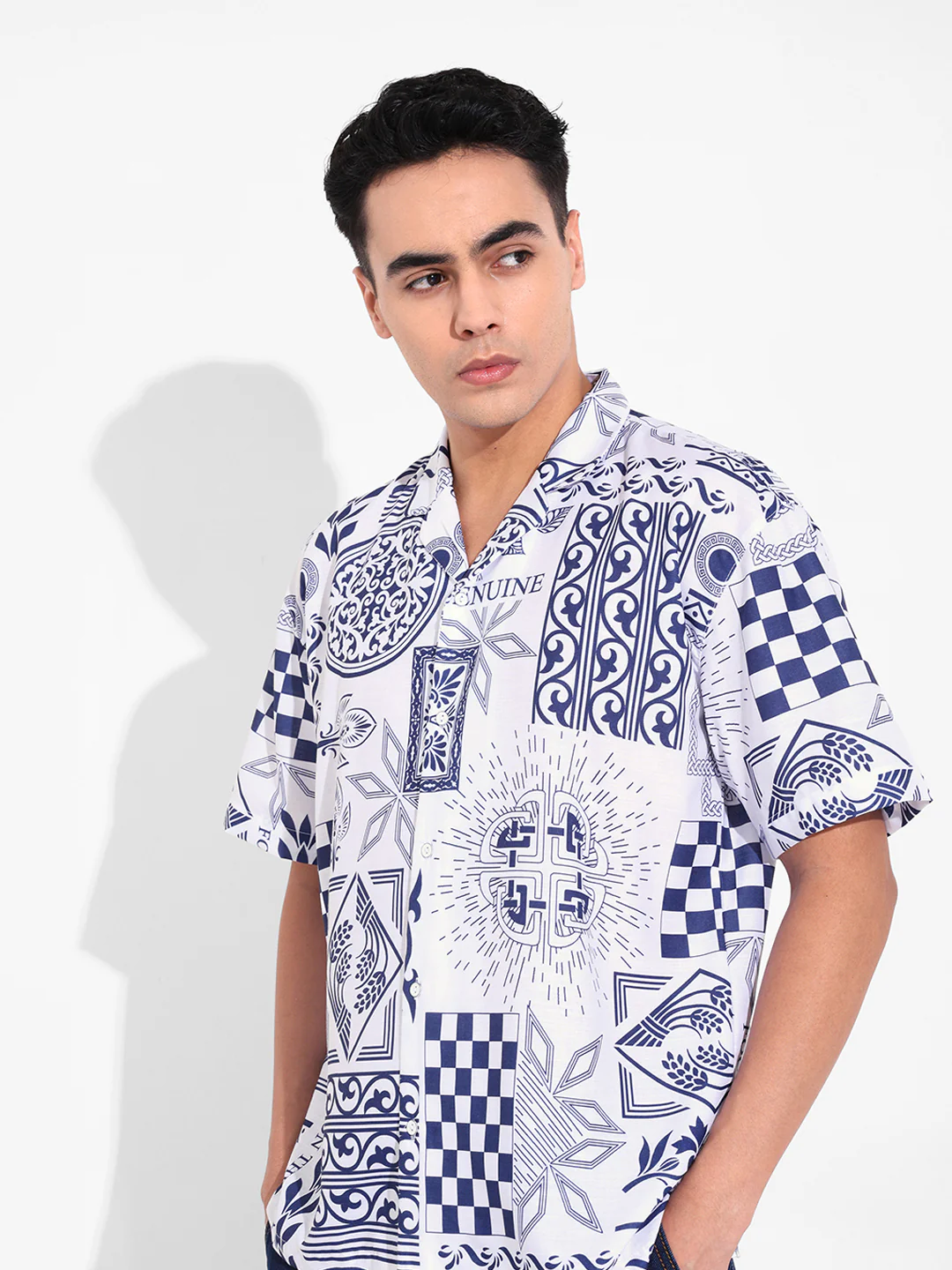 Men's Navy Blue Relaxed Fit Resort Wear Printed Shirt - Image 4