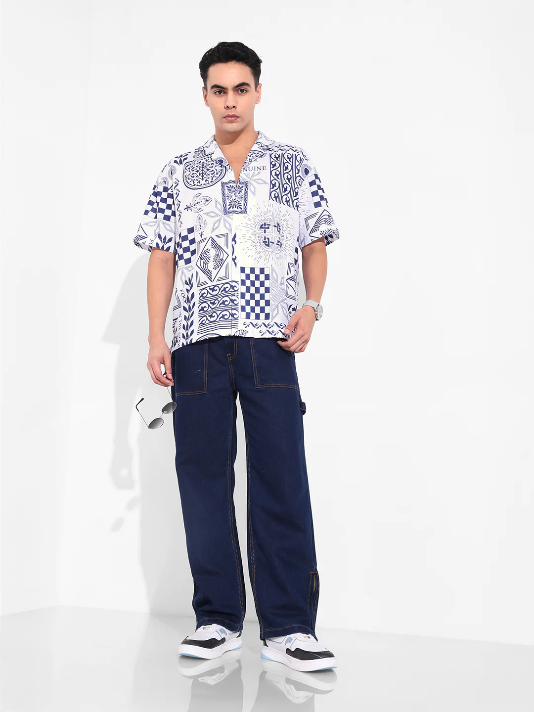 Men's Navy Blue Relaxed Fit Resort Wear Printed Shirt - Image 6