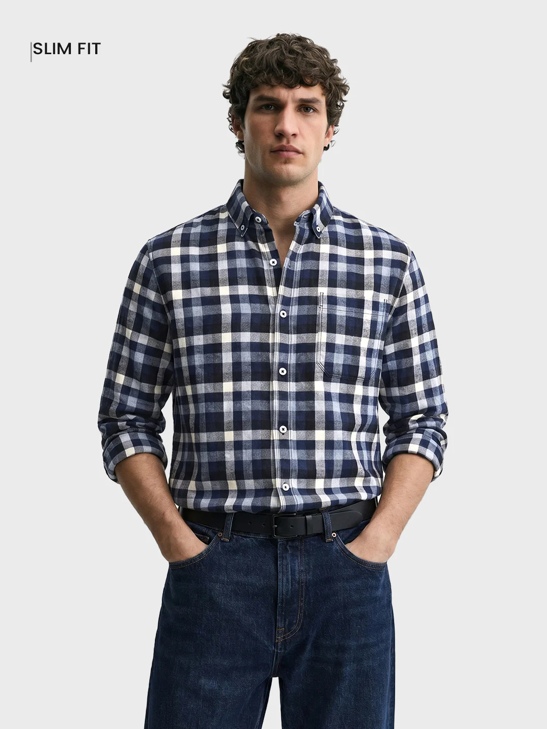 Men's Navy Blue Slim Fit Checkered Casual Shirt - Image 2