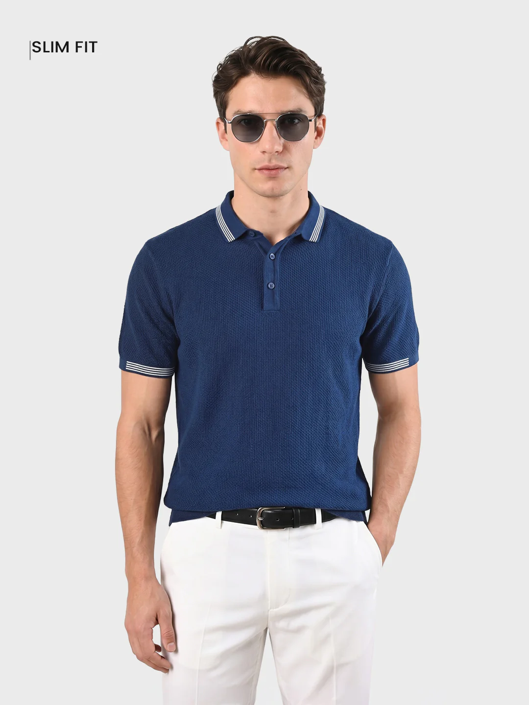 Men's Navy Blue Slim Fit Solid Casual Polo T-Shirt - Image 2