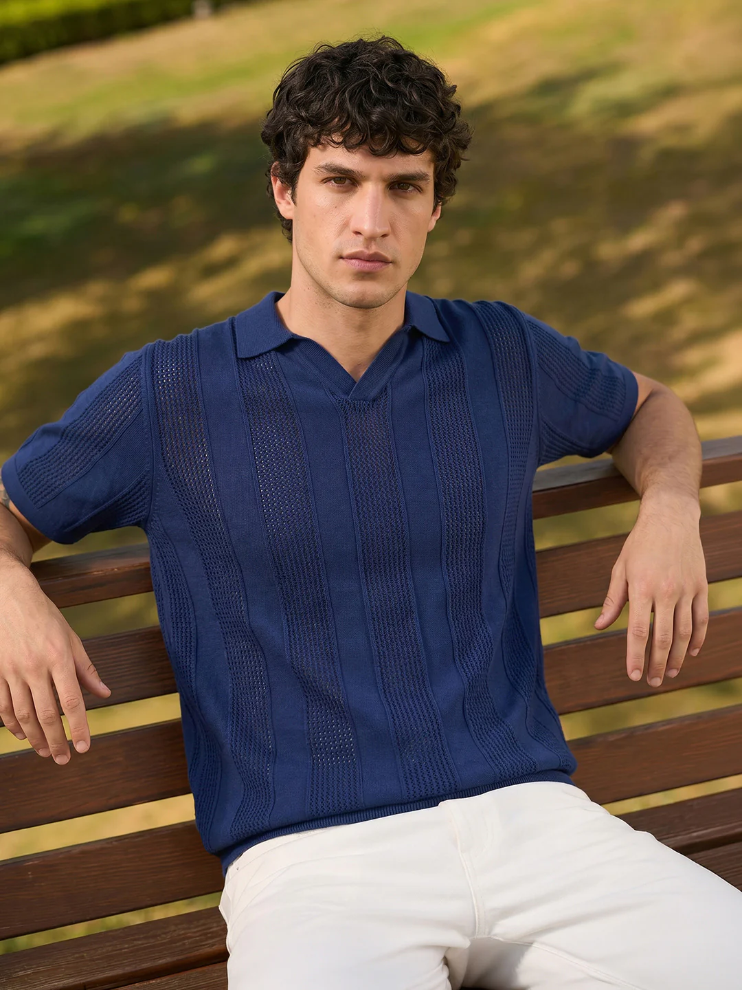 Men's Navy Slim Fit Solid Flat Knit Polos