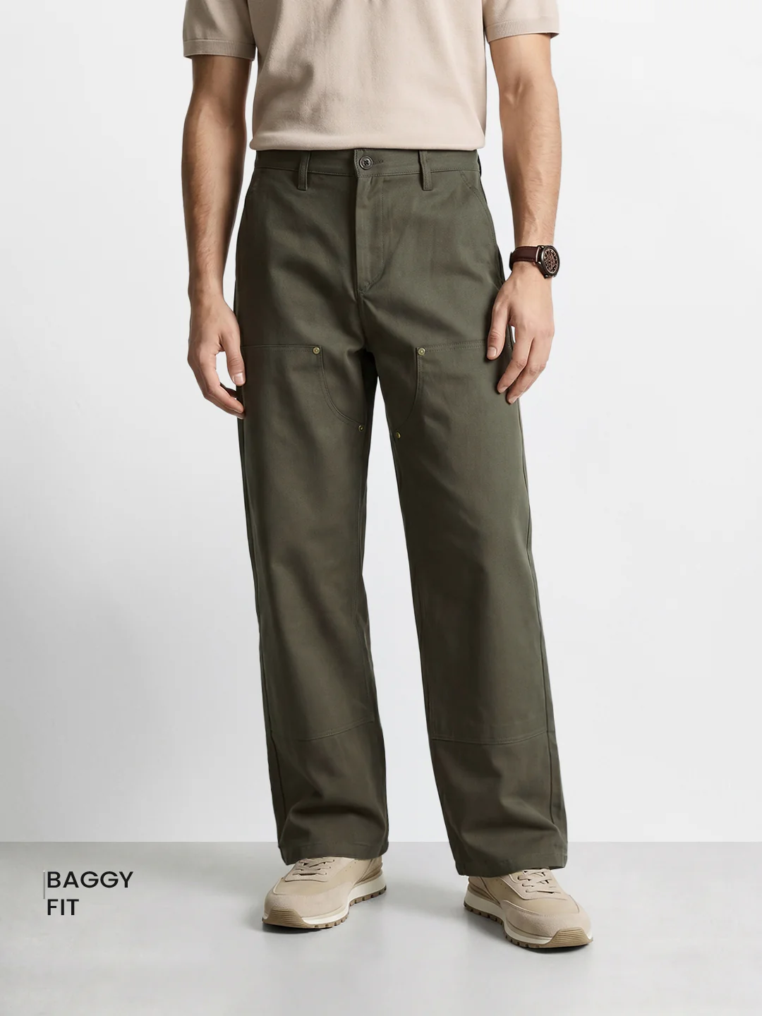 Men's Olive Baggy Fit Solid Utility Trousers - Image 2