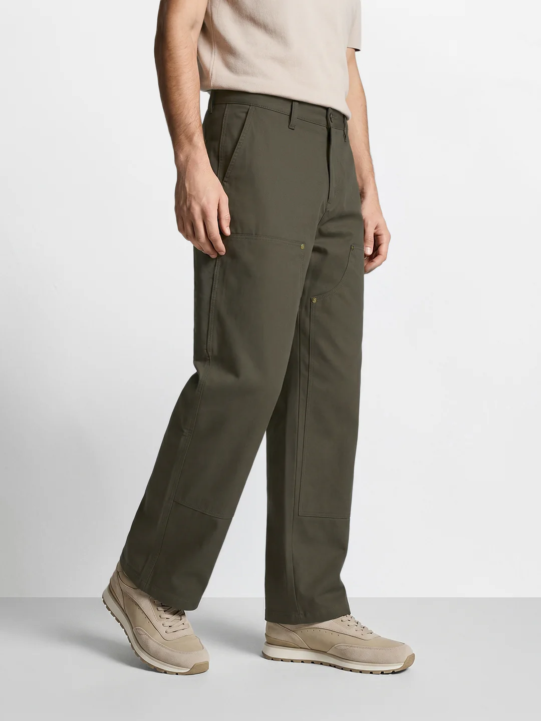 Men's Olive Baggy Fit Solid Utility Trousers - Image 4