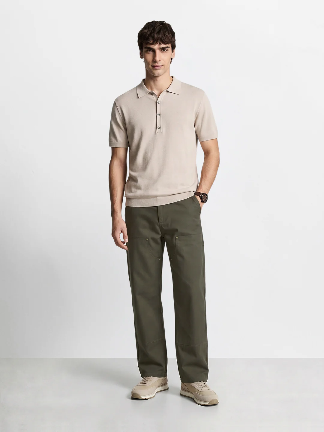 Men's Olive Baggy Fit Solid Utility Trousers - Image 6