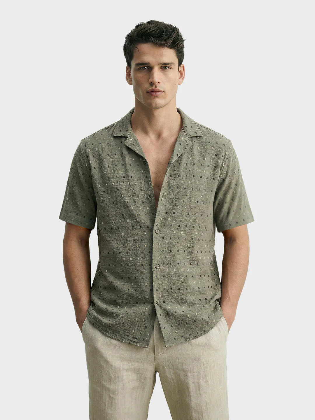Men's Olive Relaxed Fit Resort Wear Textured Shirt