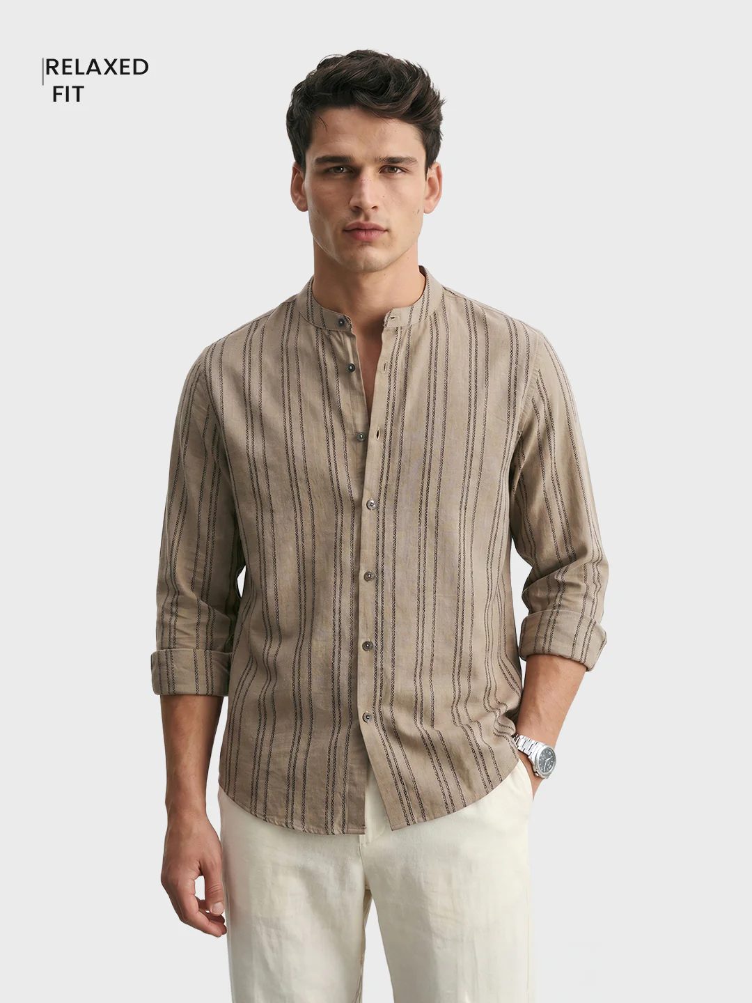 Men's Olive Relaxed Fit Vertical Stripes Resort Wear Shirt - Image 2
