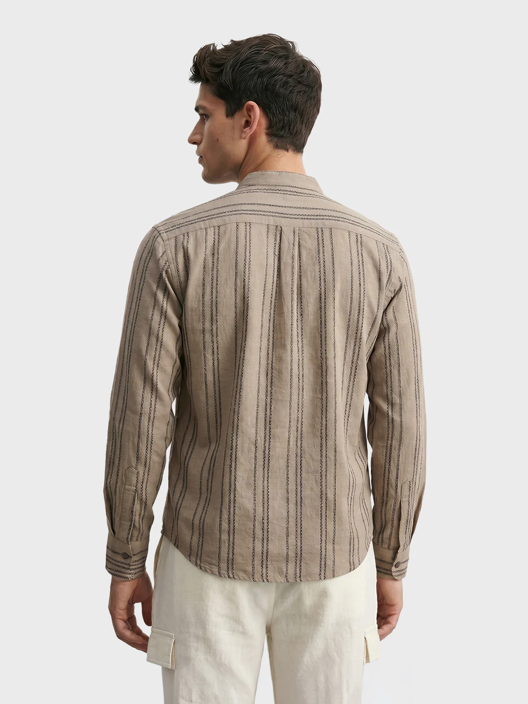 Men's Olive Relaxed Fit Vertical Stripes Resort Wear Shirt - Image 5