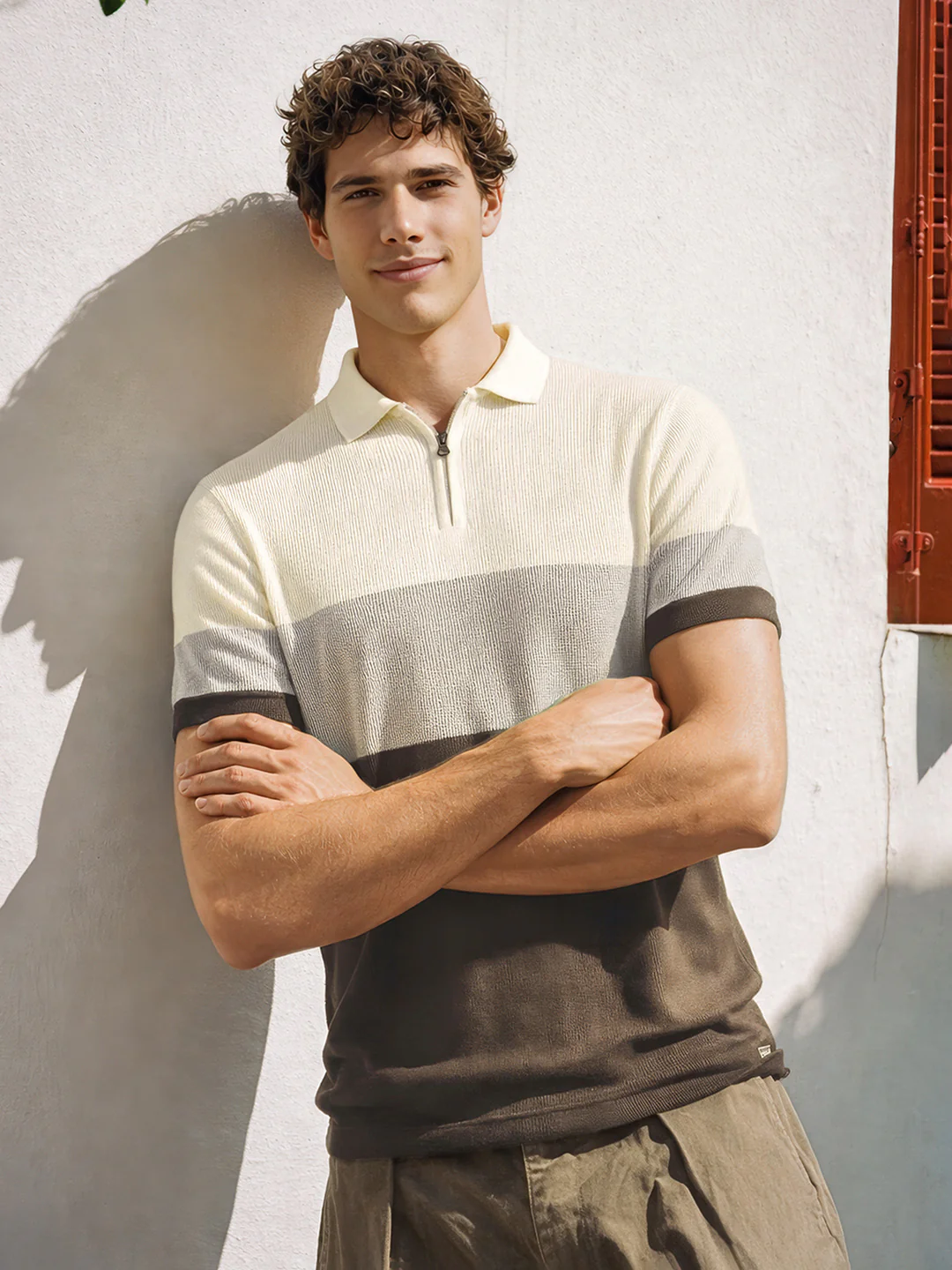 Men's Olive Slim Fit Striped Flat Knit Polo T-Shirt