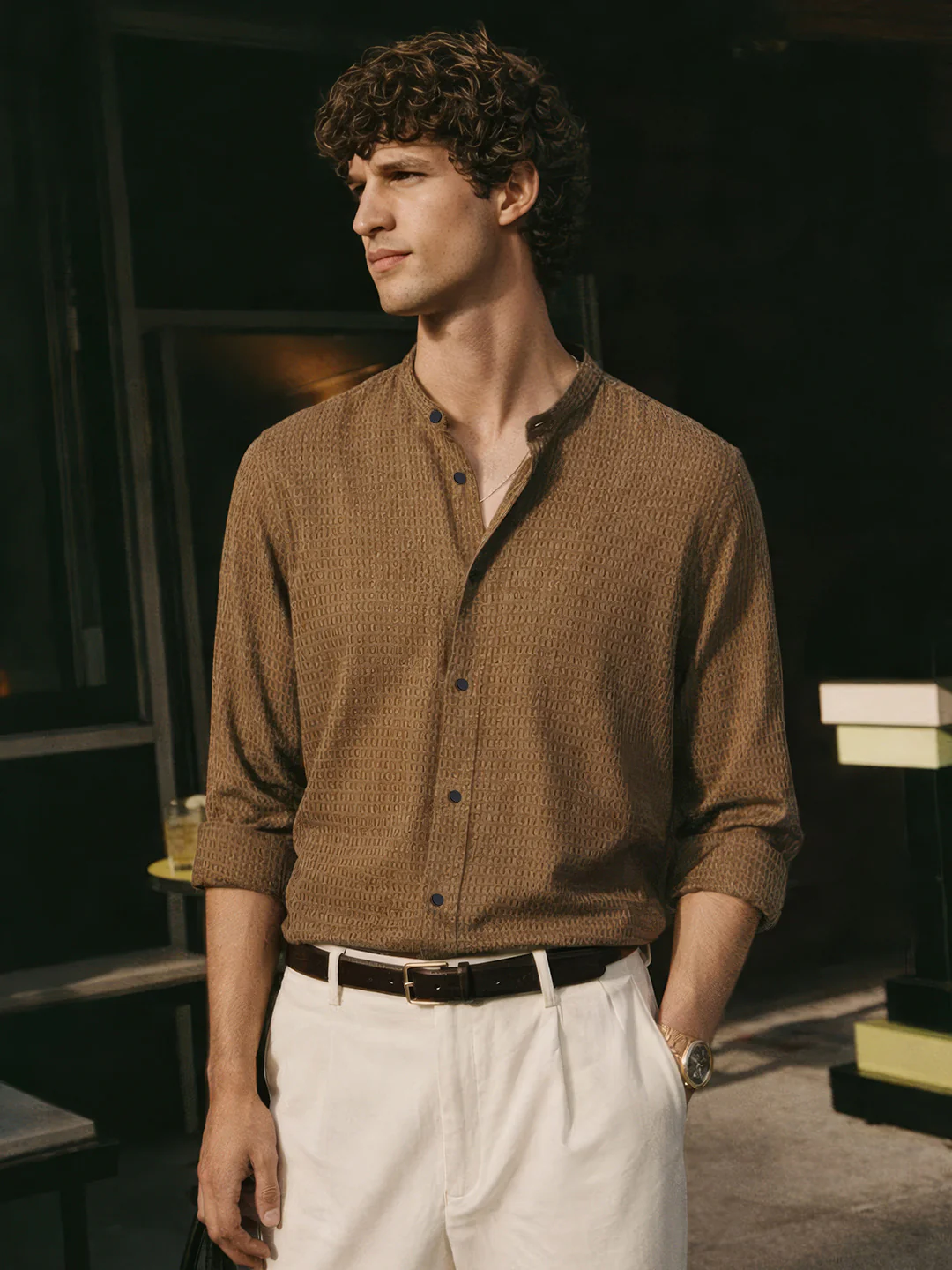 Men's Olive Slim Fit Textured Party Wear Shirt