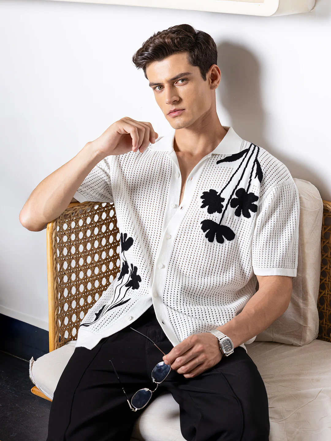 Men's White Oversized Fit Flat Knit Textured Shirt