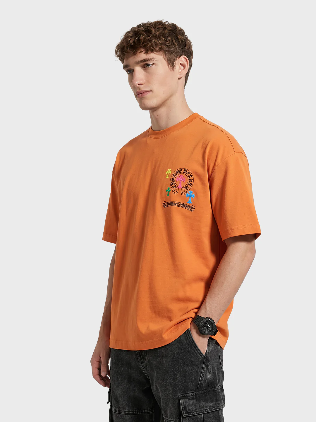 Men's Orange Relaxed Fit Embroided 240 GSM Casual T-Shirt - Image 4
