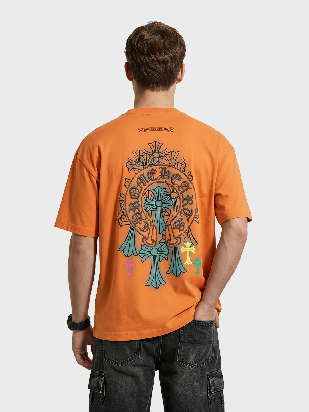 Men's Orange Relaxed Fit Embroided 240 GSM Casual T-Shirt - Image 5