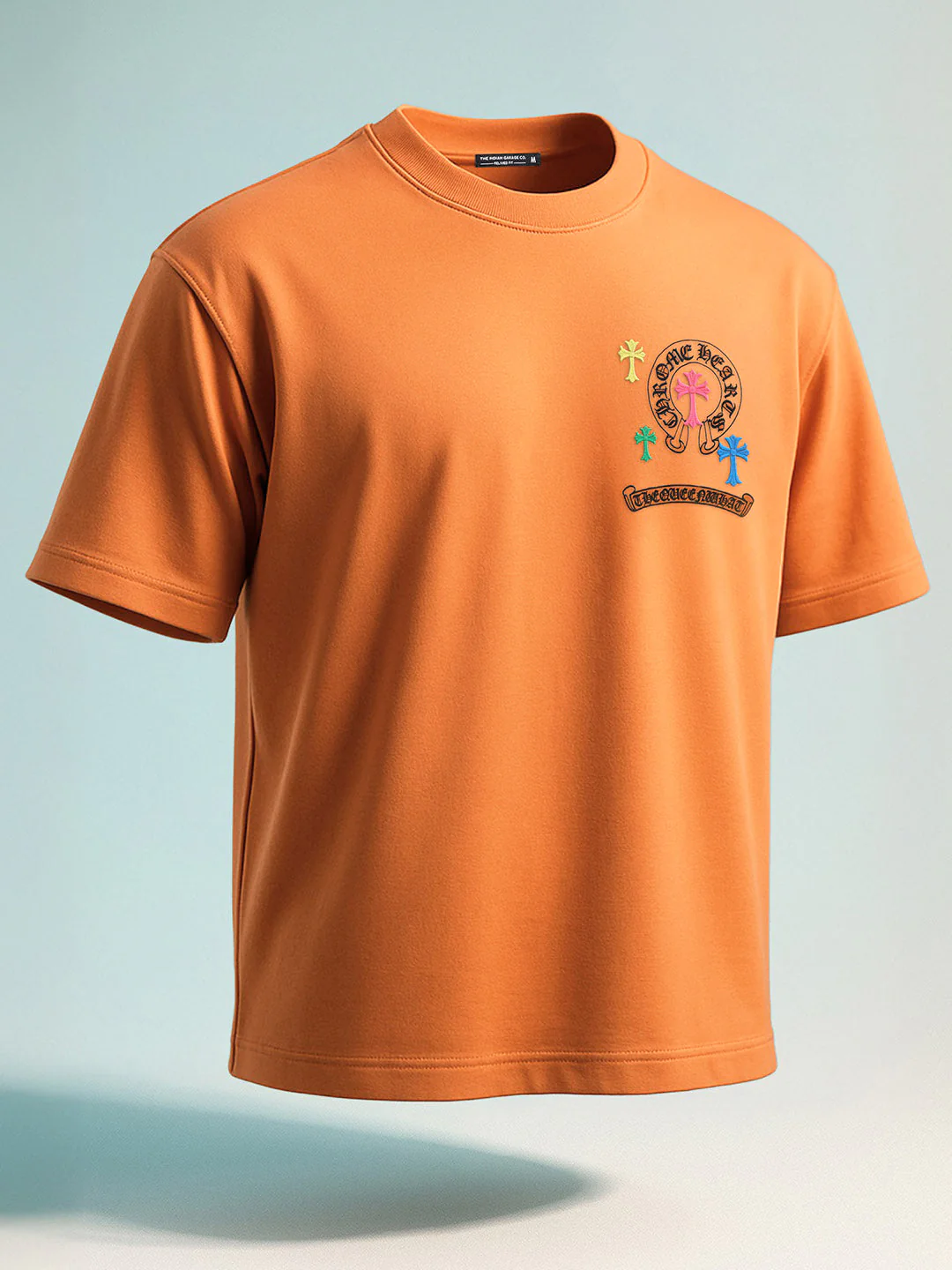 Men's Orange Relaxed Fit Embroided 240 GSM Casual T-Shirt - Image 6