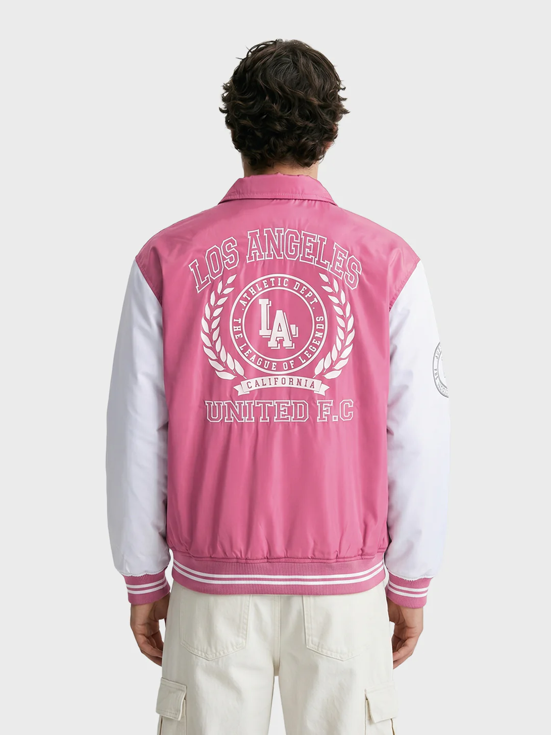 Men's Pink Relaxed Fit Embroidered Varsity Jacket - Image 5