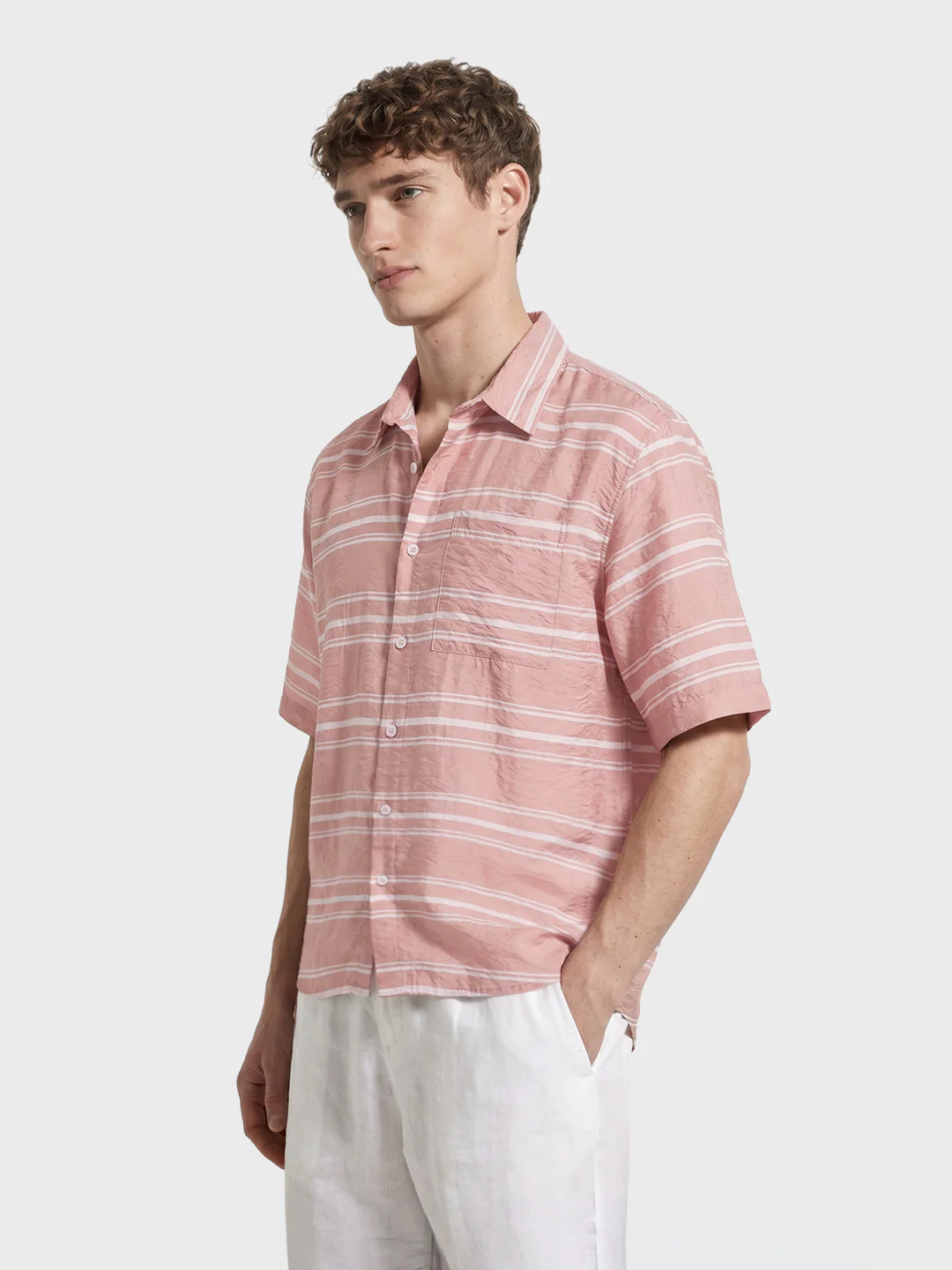 Men's Pink Boxy Fit Striped Resort Wear Shirt - Image 4