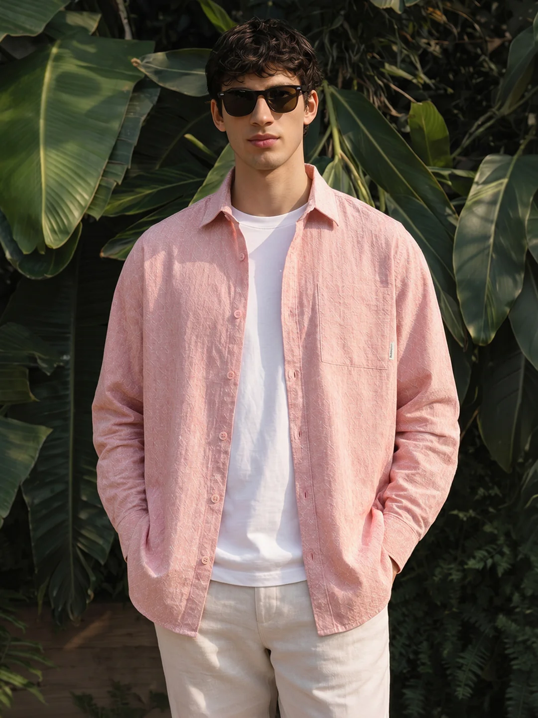 Men's Pink Oversized Fit Textured Casual Shirts