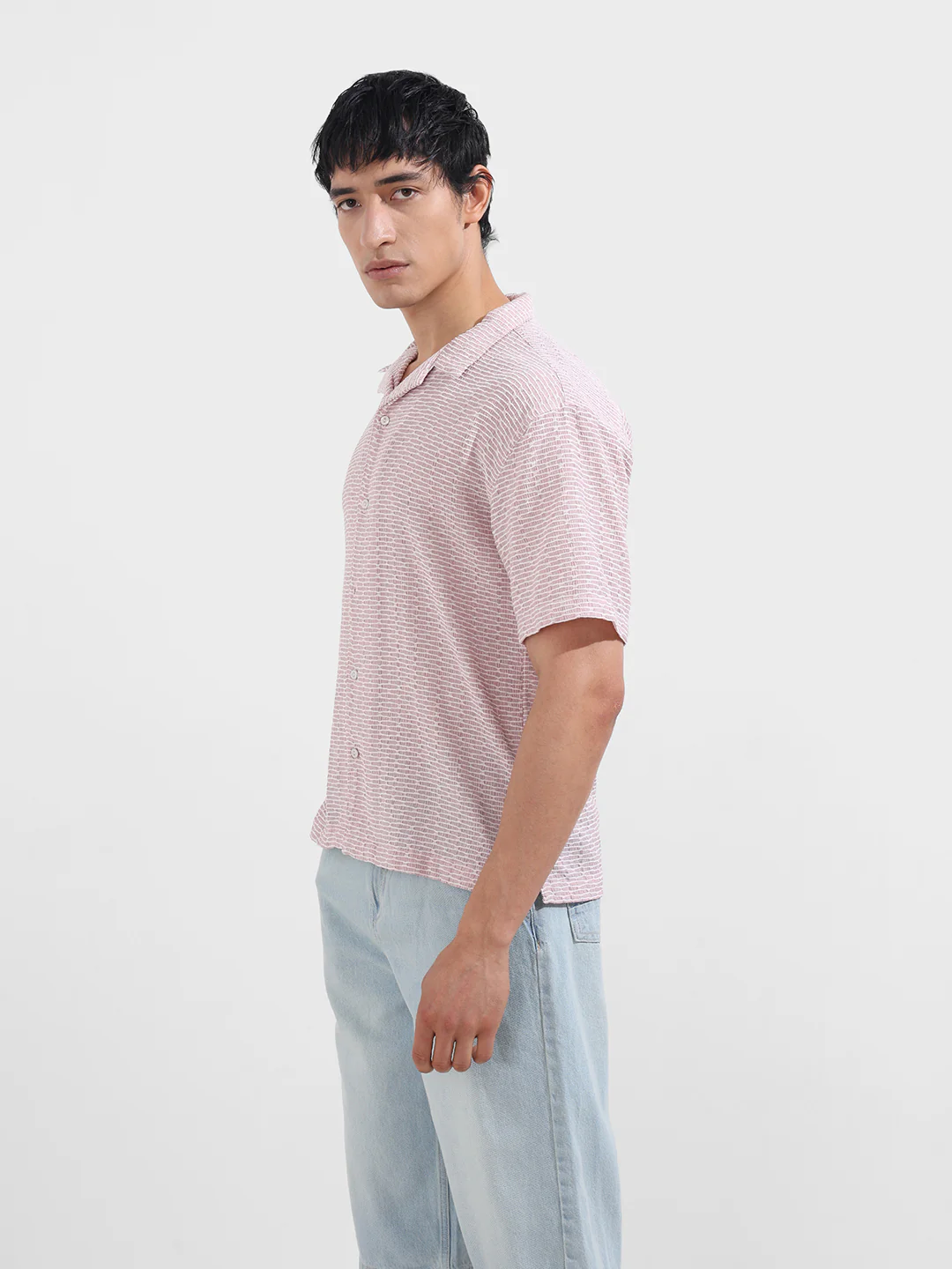 Men's Pink Relaxed Fit Resort Wear Textured Shirt - Image 5