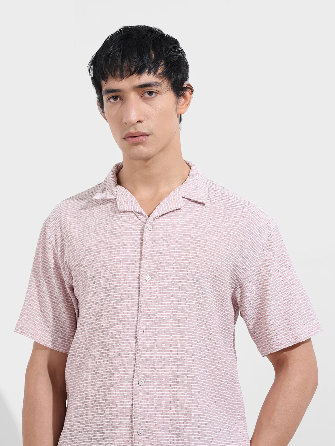 Men's Pink Relaxed Fit Resort Wear Textured Shirt - Image 6
