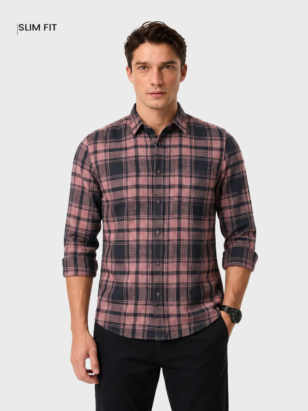 Men's Pink Slim Fit Checkered Casual Shirts - Image 2
