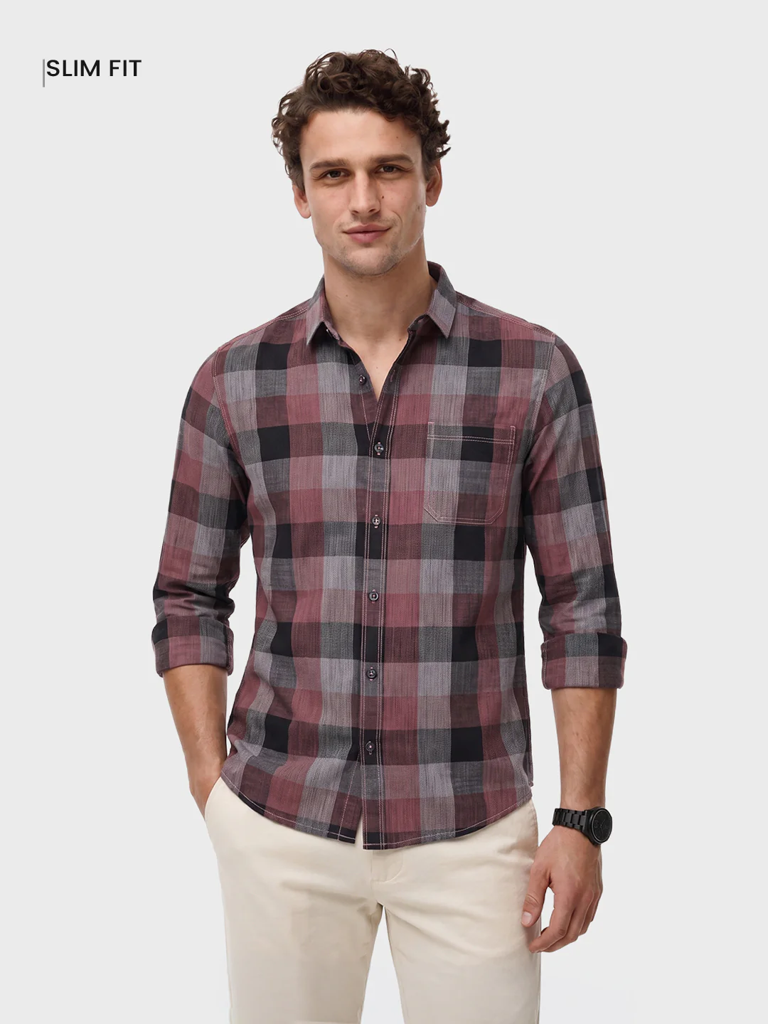 Men's Pink Slim Fit Checkered Casual Shirts - Image 2