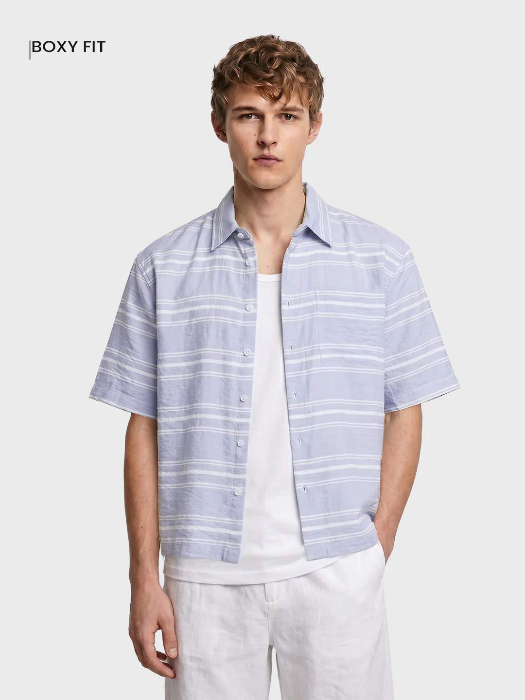 Men's Blue Boxy Fit Striped Resort Wear Shirt - Image 2