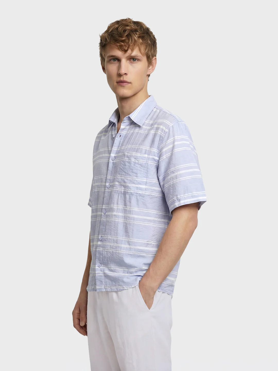 Men's Blue Boxy Fit Striped Resort Wear Shirt - Image 4