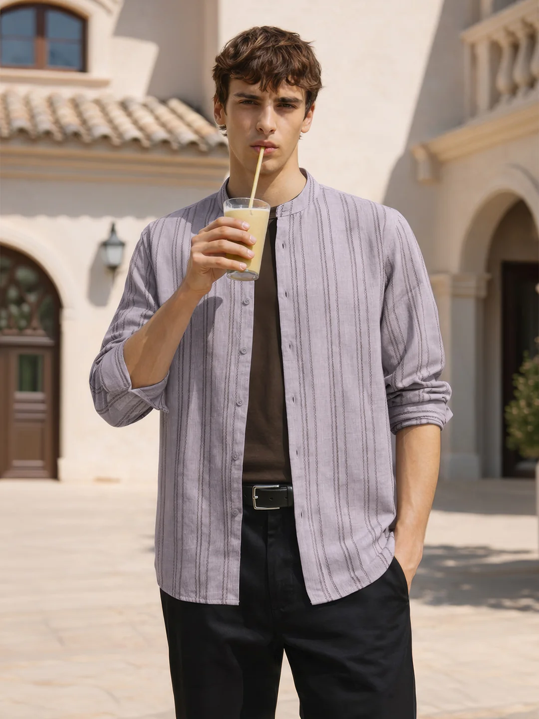 Men's Purple Relaxed Fit Vertical Stripes Resort Wear Shirt