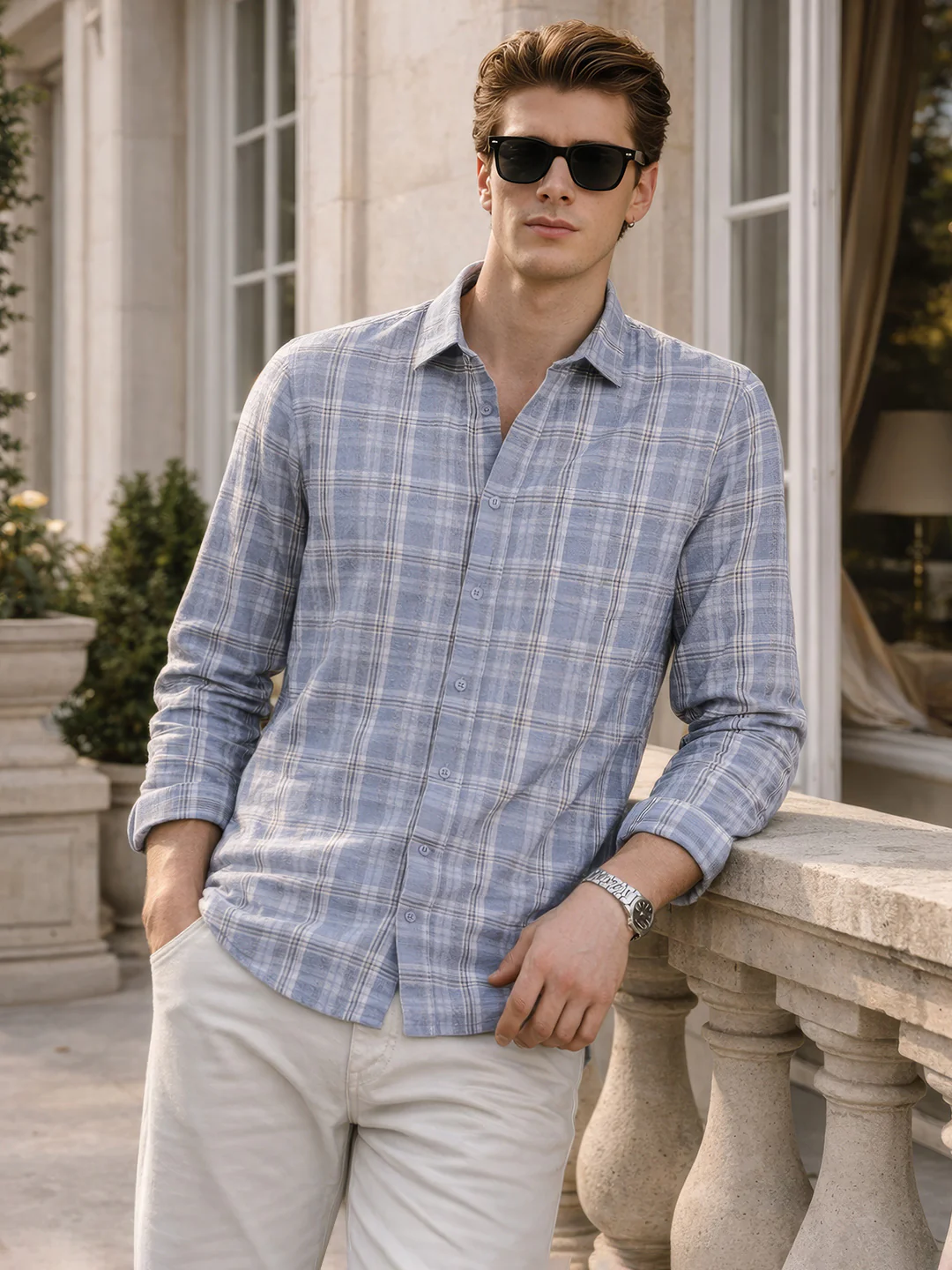 Men's Blue Slim Fit Checkered Casual Shirt