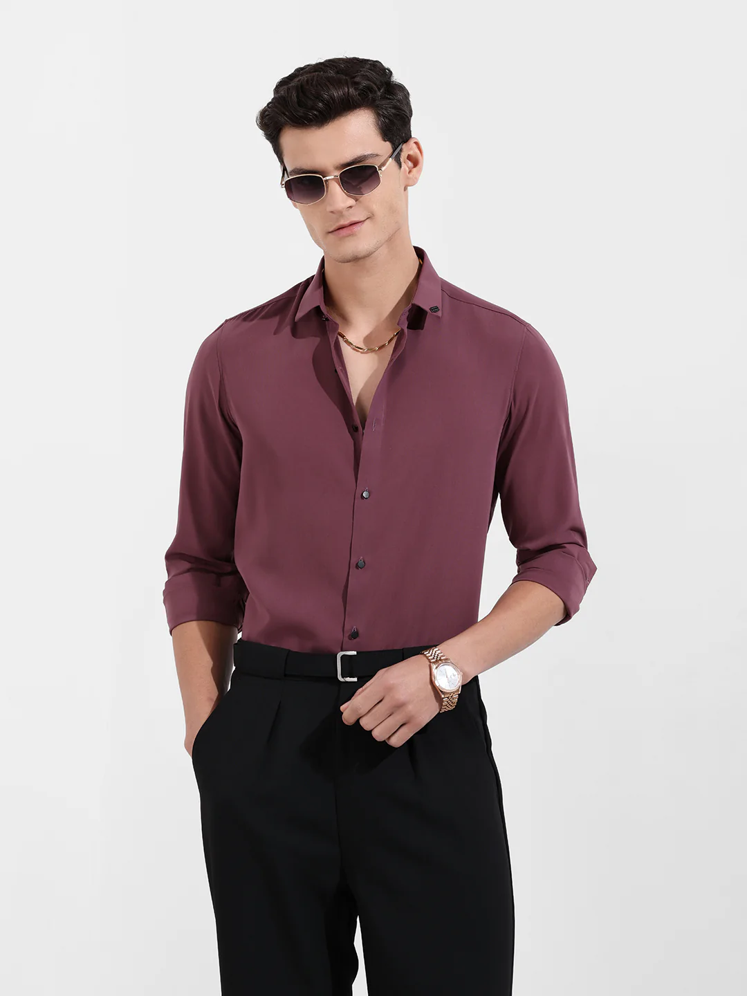 Men's Purple Slim Fit Party Wear Solid Shirt