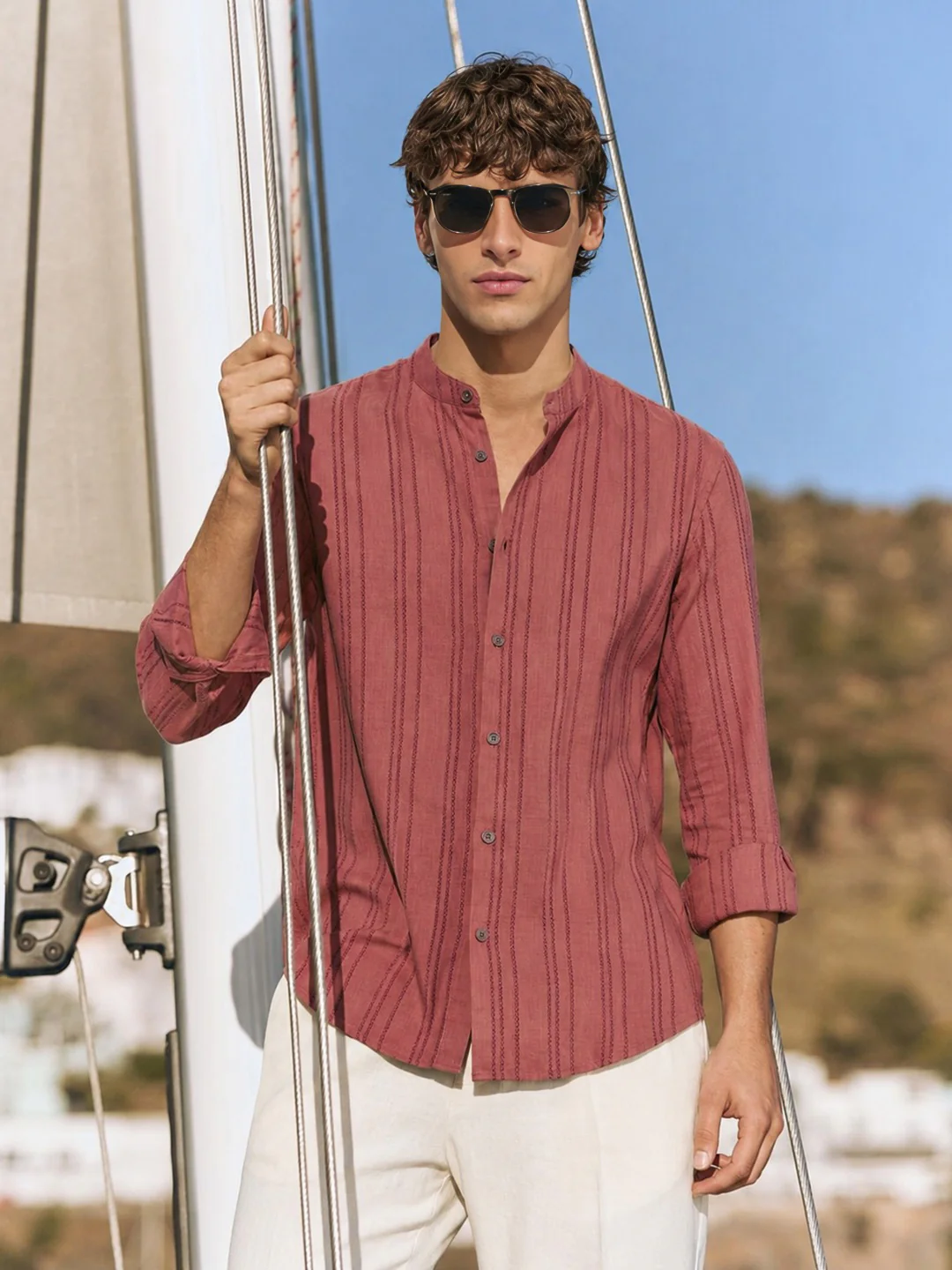 Men's Red Relaxed Fit Vertical Stripes Resort Wear Shirt