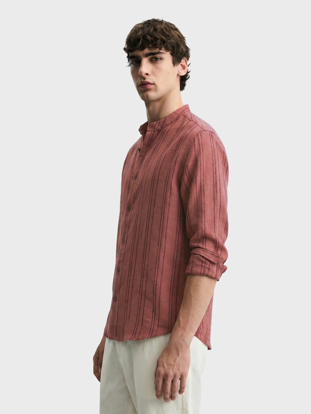 Men's Red Relaxed Fit Vertical Stripes Resort Wear Shirt - Image 4