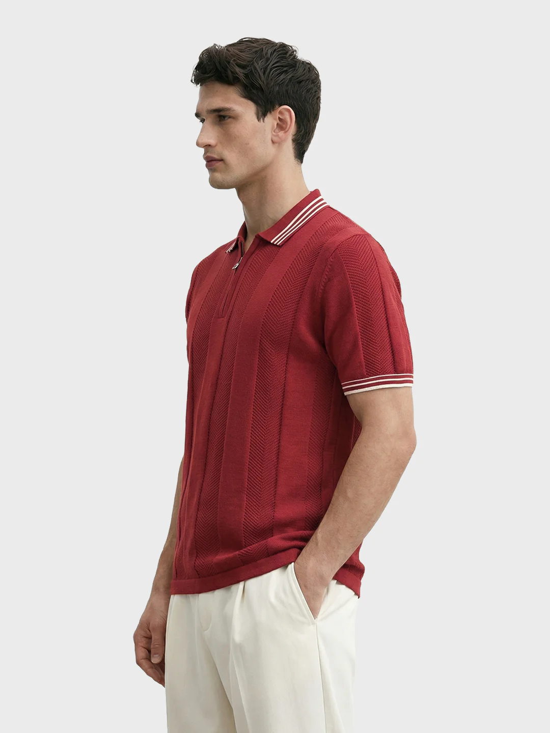 Men's Red Slim Fit Solid Casual Polo T-Shirt - Image 4